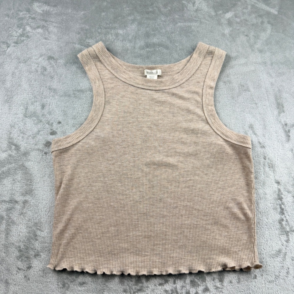 Bozzolo Ribbed Tank Top Women's‎ M Tan Beige Sleeveless Scoop Neck Lettuce Hem